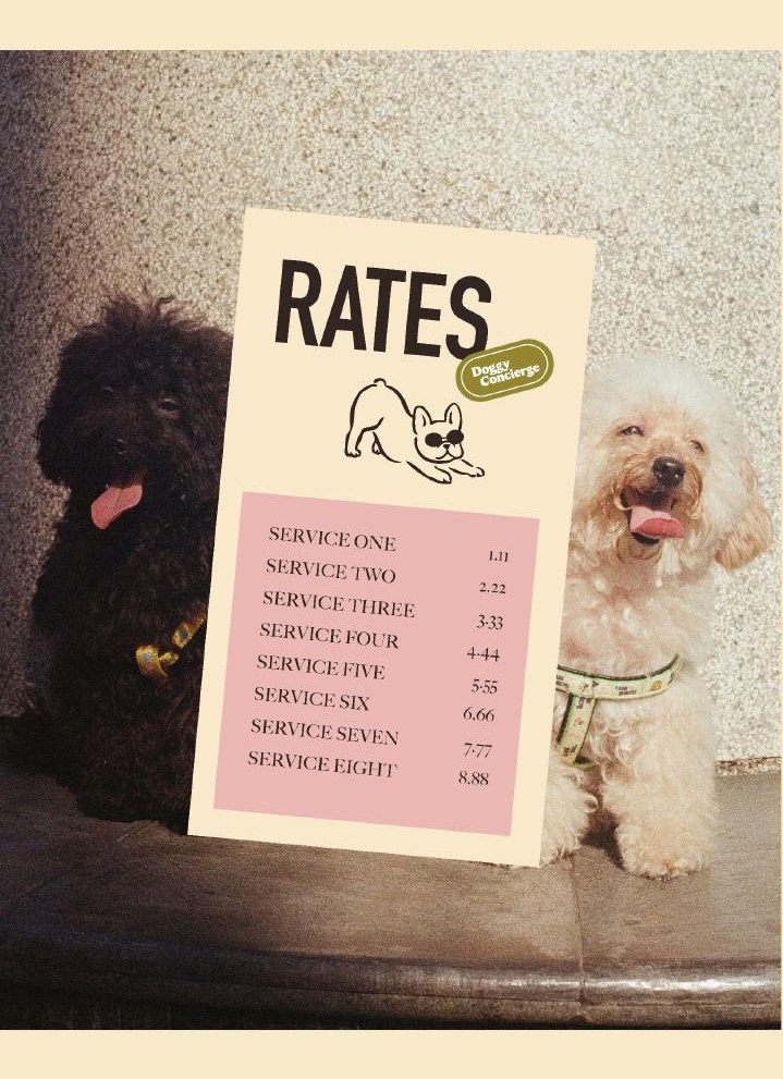 Printed rate card propped between two poodles